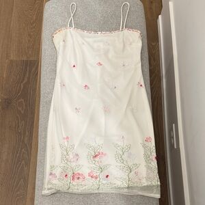 Floral Embroidered Mini Slip-Style Dress - White and Pink